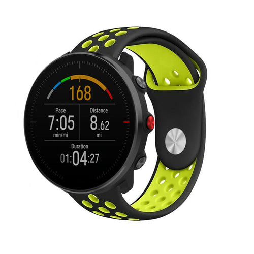 Silicone Sport Strap, black/yellow, on a watch, 3/4 front view