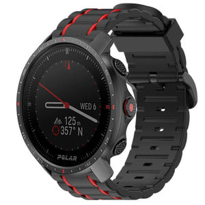Silicone Sport Strap with Buckle, black/red, on a watch, 3/4 front view