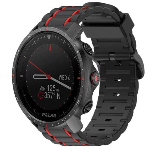 Silicone Sport Strap with Buckle, black/red, on a watch, 3/4 front view