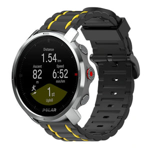 Silicone Sport Strap with Buckle, black/yellow, on a watch, 3/4 front view