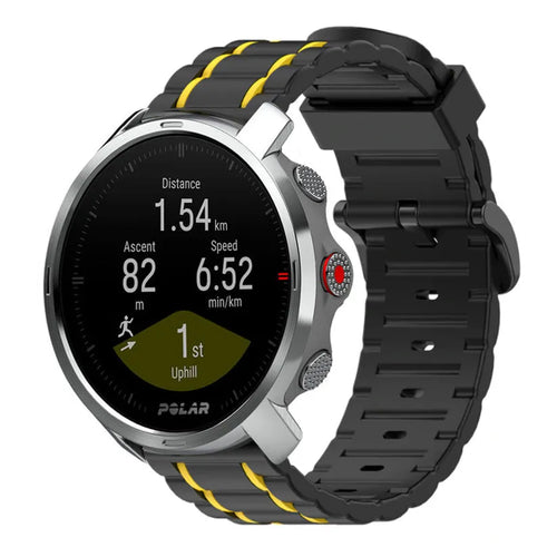 Silicone Sport Strap with Buckle, black/yellow, on a watch, 3/4 front view