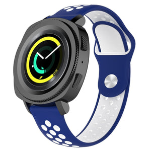 Silicone Sport Strap, blue/white, on a watch, 3/4 front view