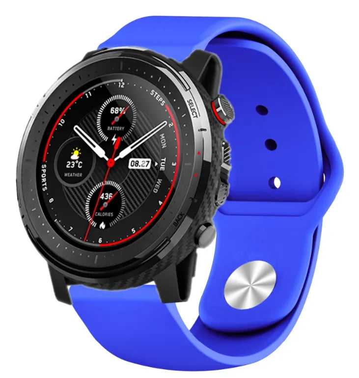Silicone Sport Strap, blue, on a watch, 3/4 front view