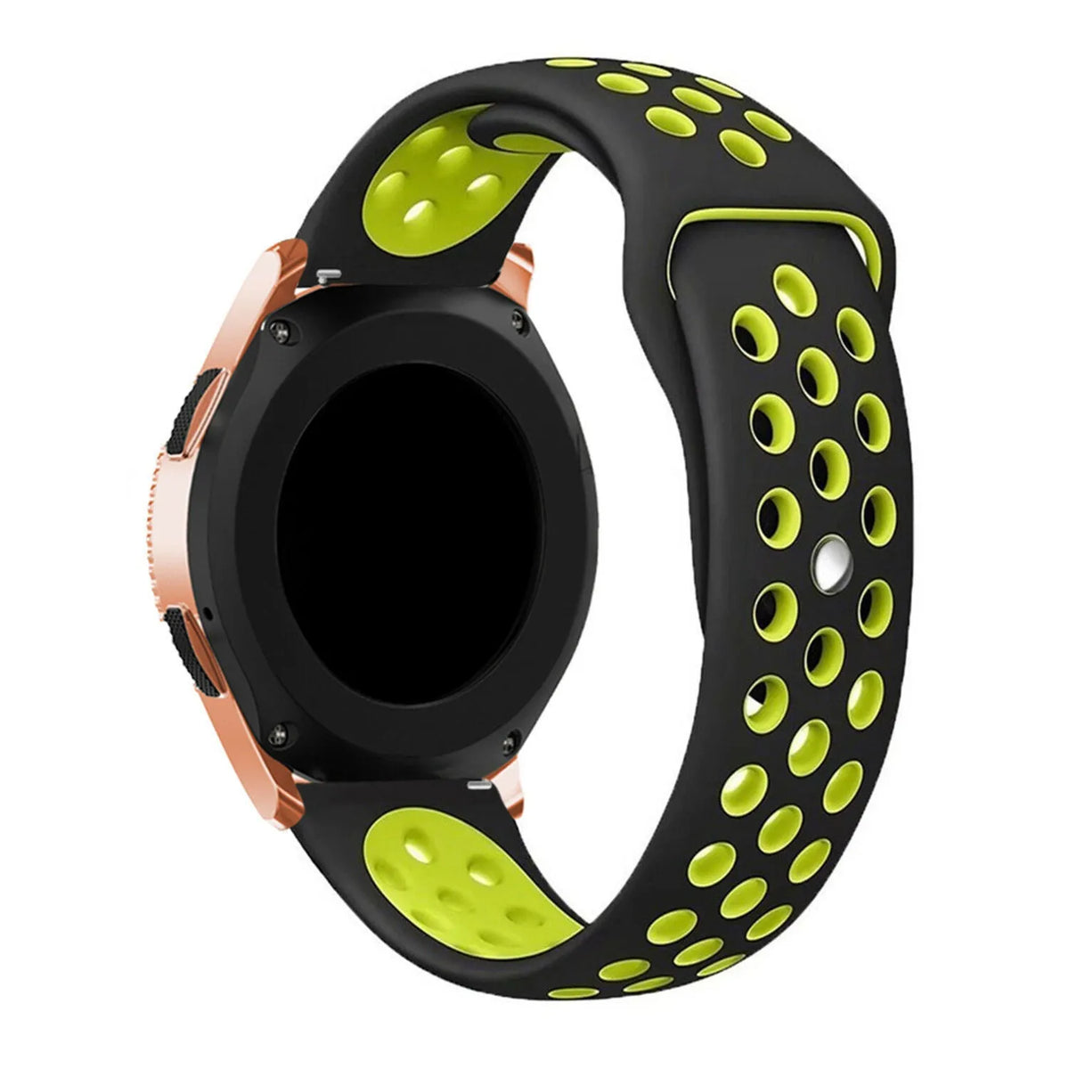 Silicone Sport Strap, black/yellow, on a watch, 3/4 front view