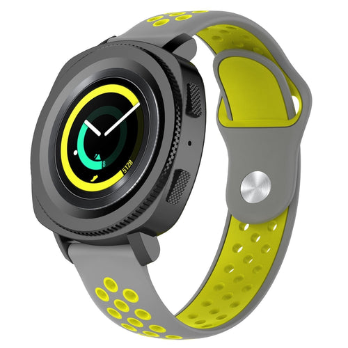 Silicone Sport Strap, grey/yellow, on a watch, 3/4 front view