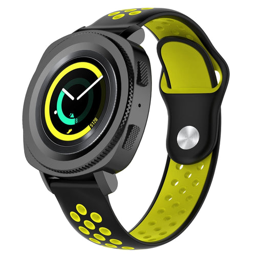 Silicone Sport Strap, black/yellow, on a watch, 3/4 front view
