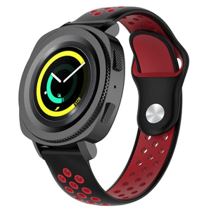 Silicone Sport Strap, black/red, on a watch, 3/4 front view