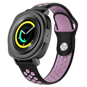 Silicone Sport Strap, black/pink, on a watch, 3/4 front view