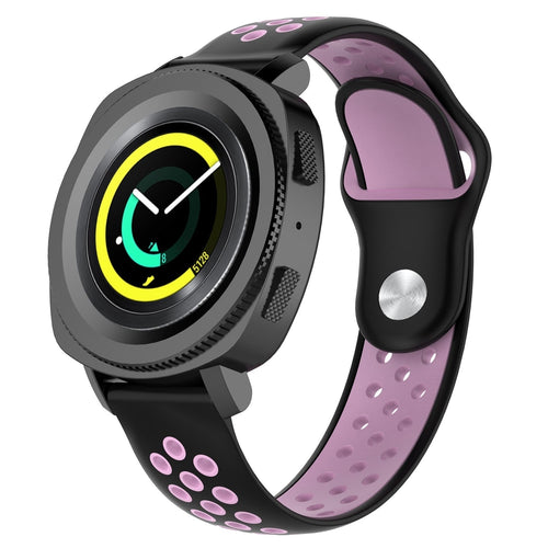 Silicone Sport Strap, black/pink, on a watch, 3/4 front view