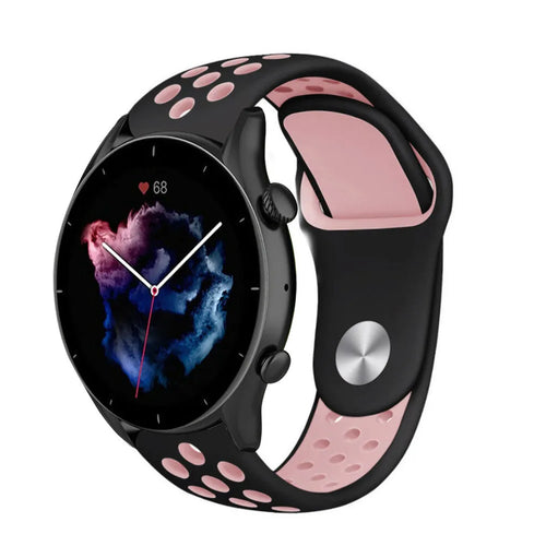 Silicone Sport Strap, black/pink, on a watch, 3/4 front view