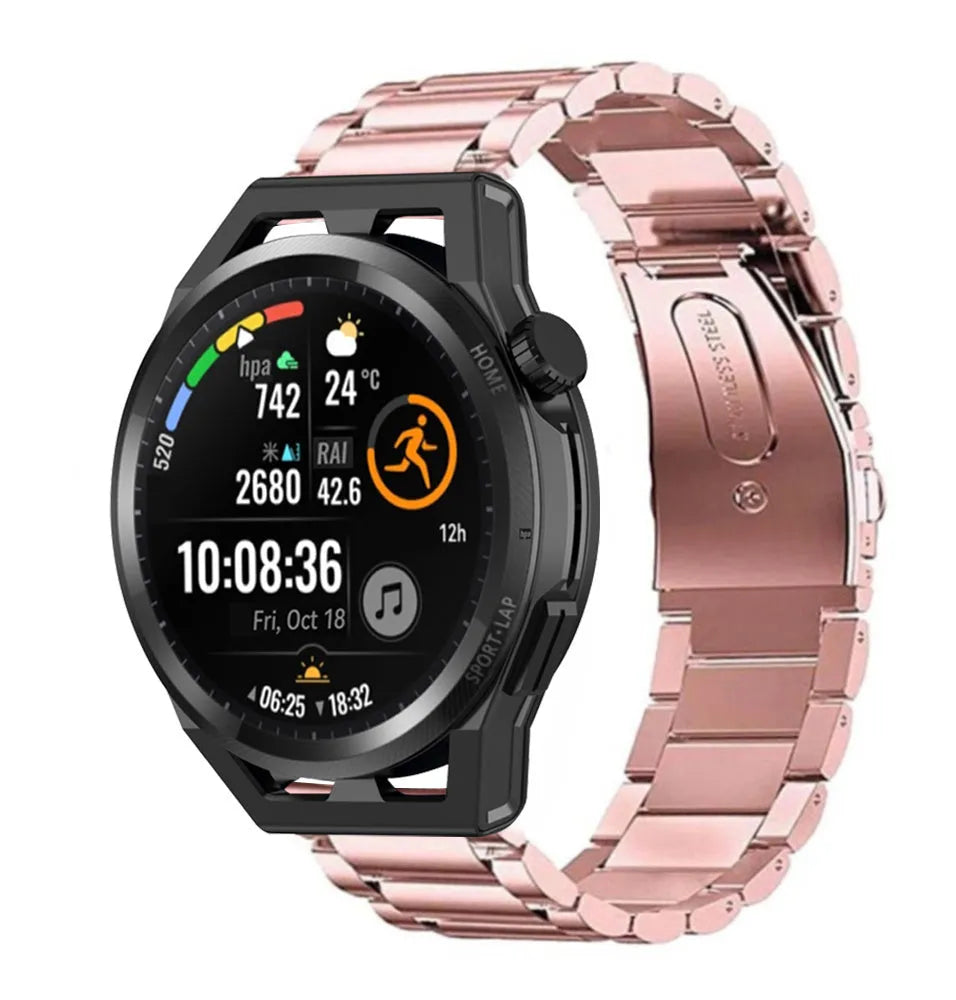 Steel Strap, pink, on a watch, 3/4 front view