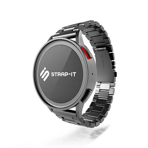 Steel Strap, dark grey, on a watch, 3/4 front view