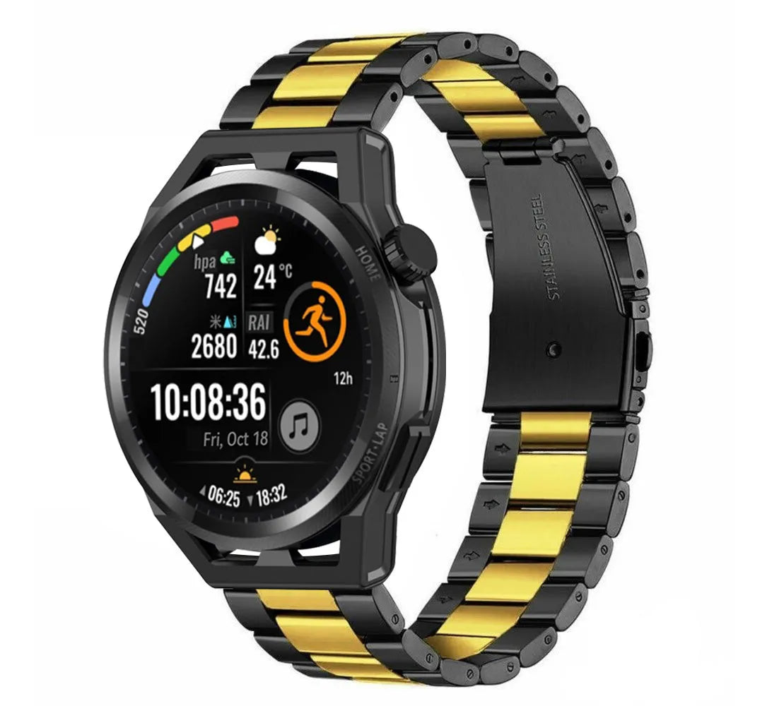 Steel Strap, black/gold, on a watch, 3/4 front view
