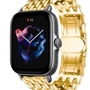 Steel Dragon Strap, gold, on a watch, 3/4 front view
