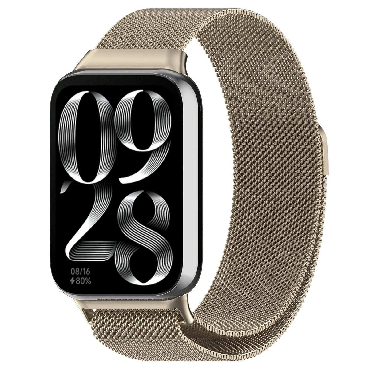Milanese Strap, champagne, on a watch, 3/4 front view