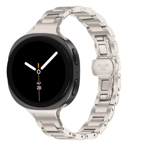 Slimfit Steel Strap, starlight, on a watch, 3/4 front view