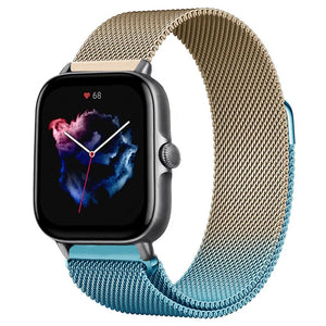 Milanese Strap, blue/gold, on a watch, 3/4 front view