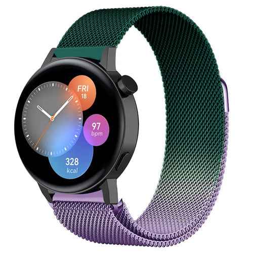 Milanese Strap, purple/green, on a watch, 3/4 front view