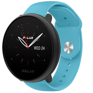 Silicone Sport Strap, light blue, on a watch, 3/4 front view