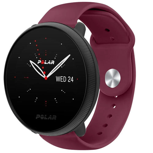 Silicone Sport Strap, burgundy, on a watch, 3/4 front view