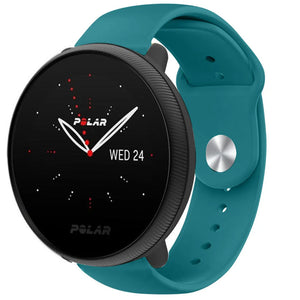 Silicone Sport Strap, green-blue, on a watch, 3/4 front view