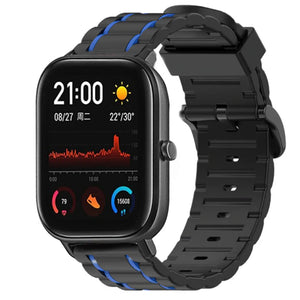 Silicone Strap 'Tough', black/blue, on a watch, 3/4 front view