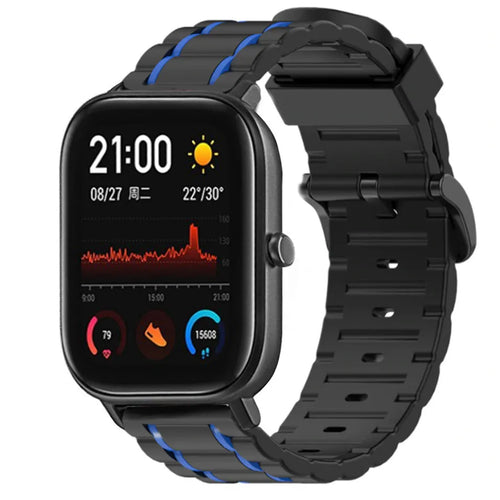 Silicone Strap 'Tough', black/blue, on a watch, 3/4 front view