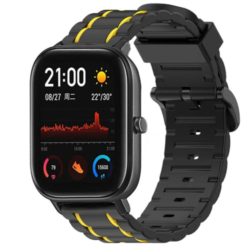 Silicone Strap 'Tough', black/yellow, on a watch, 3/4 front view