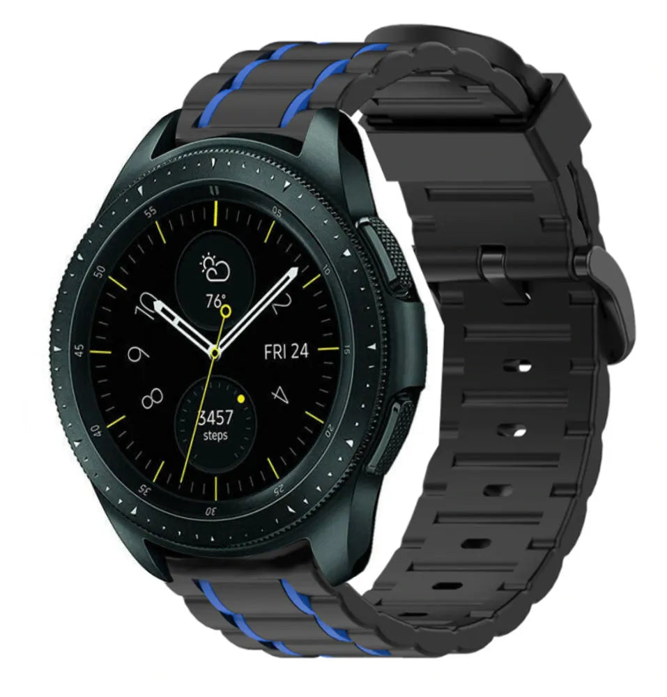 Silicone Strap 'Tough', black/blue, on a watch, 3/4 front view