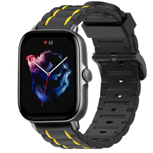 Silicone Strap 'Tough', black/yellow, on a watch, 3/4 front view