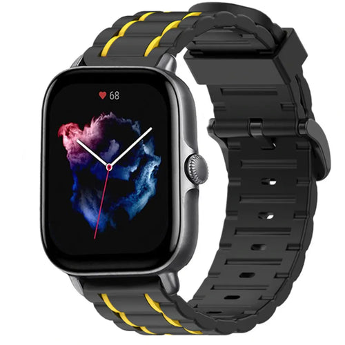 Silicone Strap 'Tough', black/yellow, on a watch, 3/4 front view