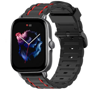 Silicone Strap 'Tough', black/red, on a watch, 3/4 front view