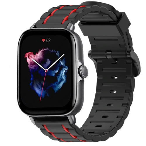 Silicone Strap 'Tough', black/red, on a watch, 3/4 front view