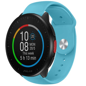Silicone Sport Strap, light blue, on a watch, 3/4 front view