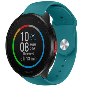 Silicone Sport Strap, green-blue, on a watch, 3/4 front view