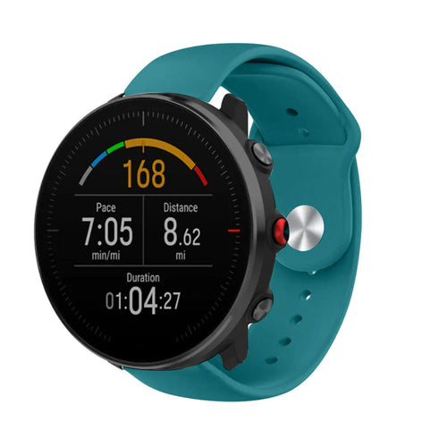 Silicone Sport Strap, green-blue, on a watch, 3/4 front view
