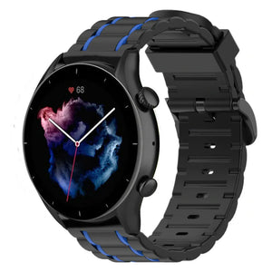 Silicone Sport Strap with Buckle, black/blue, on a watch, 3/4 front view