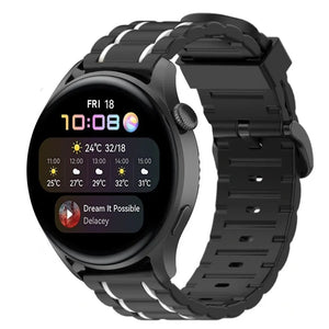 Silicone Sport Strap with Buckle, black/white, on a watch, 3/4 front view