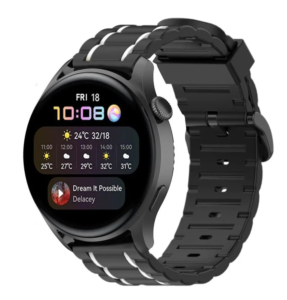 Silicone Sport Strap with Buckle, black/white, on a watch, 3/4 front view