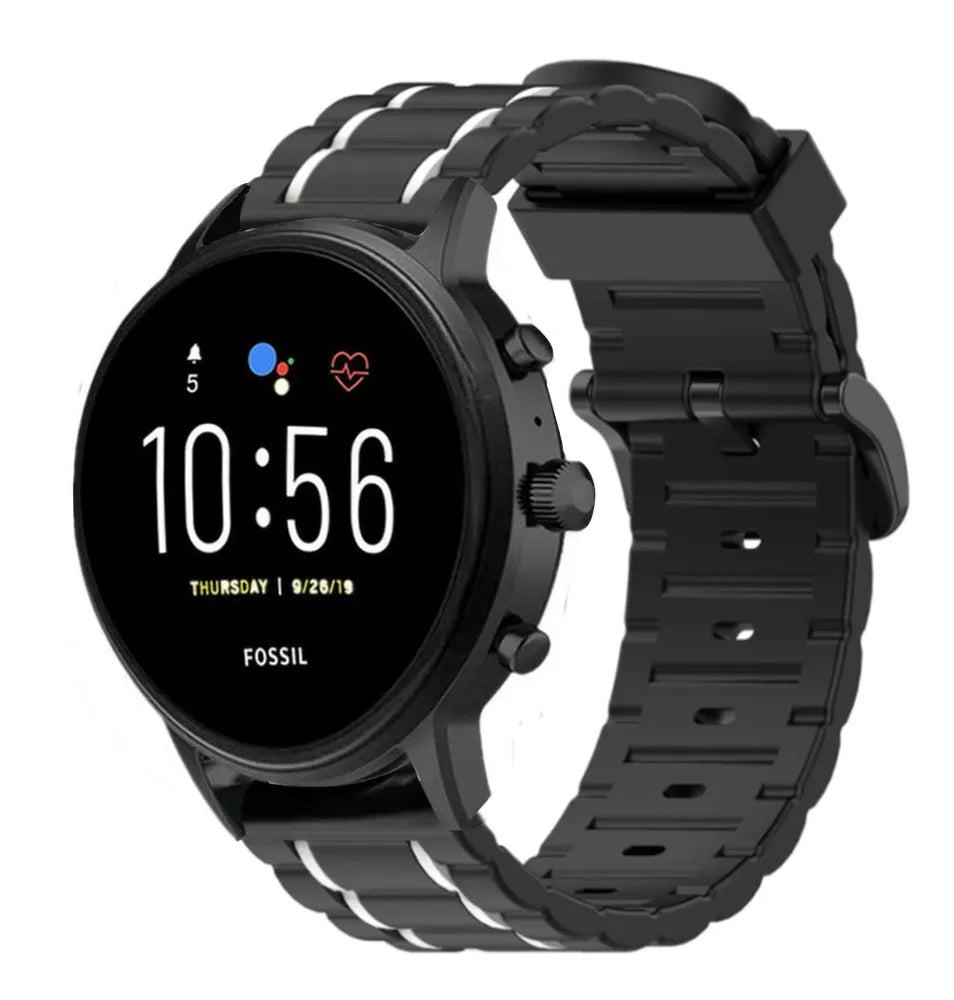 Silicone Sport Strap with Buckle, black/white, on a watch, 3/4 front view