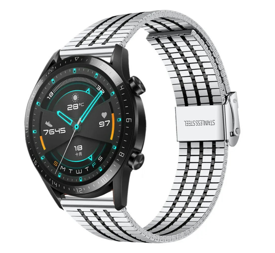 Fine Steel Strap, silver/black, on a watch, 3/4 front view