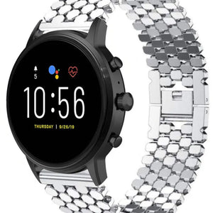 Steel Strap Hexagons, silver, on a watch, 3/4 front view
