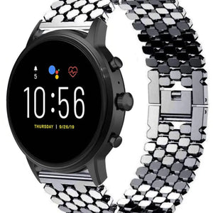 Steel Strap Hexagons, black, on a watch, 3/4 front view