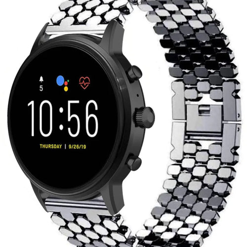 Steel Strap Hexagons, black, on a watch, 3/4 front view