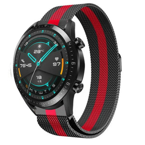 Milanese Strap, black/red, on a watch, 3/4 front view