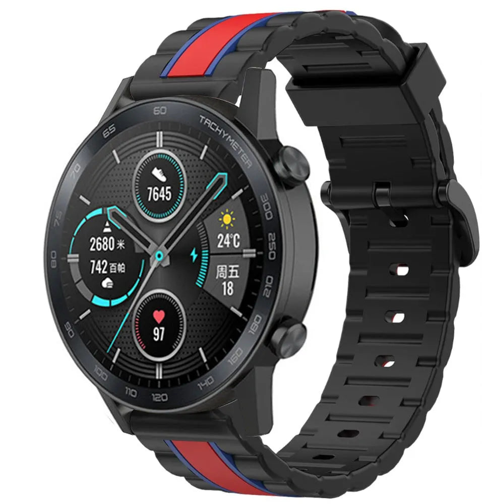 Silicone Special Edition Strap, black/red, on a watch, 3/4 front view