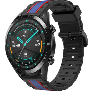 Silicone Special Edition Strap, black/blue, on a watch, 3/4 front view