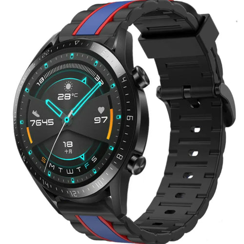 Silicone Special Edition Strap, black/blue, on a watch, 3/4 front view