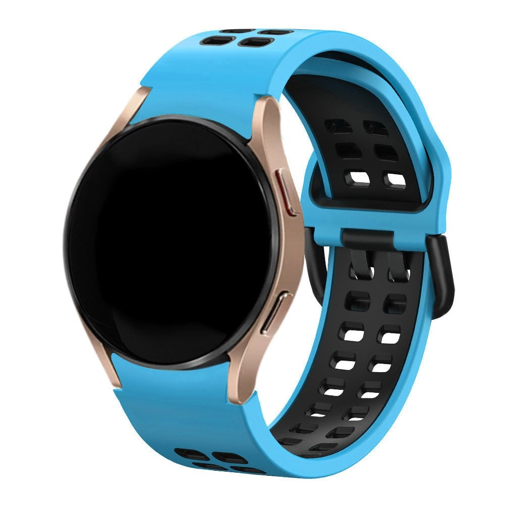 Silicone Squared Sport Strap, light blue/black, on a watch, 3/4 front view