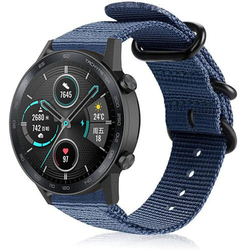 Nylon Buckle Strap, blue, on a watch, 3/4 front view